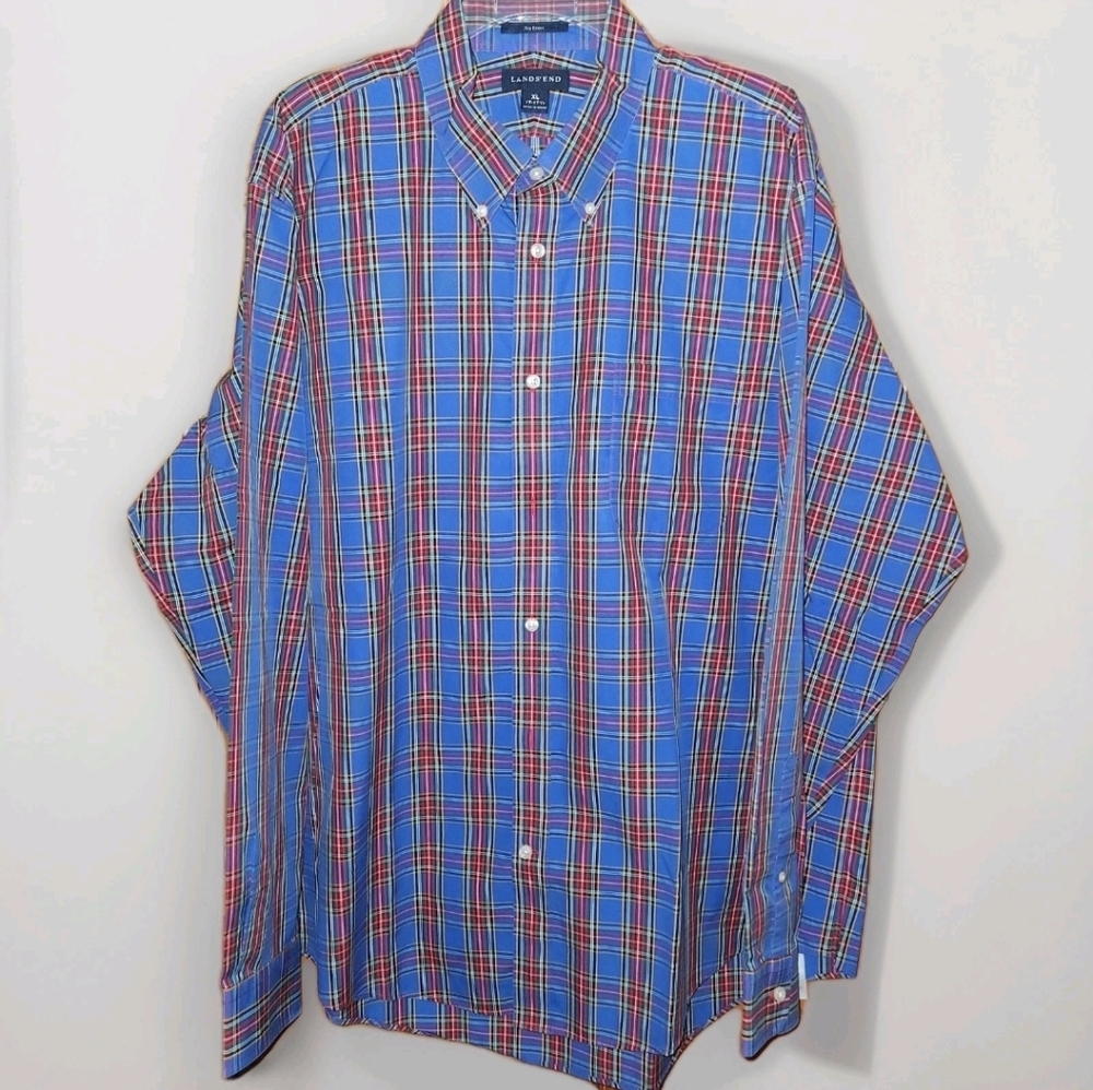Lands End plaid check blue red long-sleeves shirt | Size XL 17.5